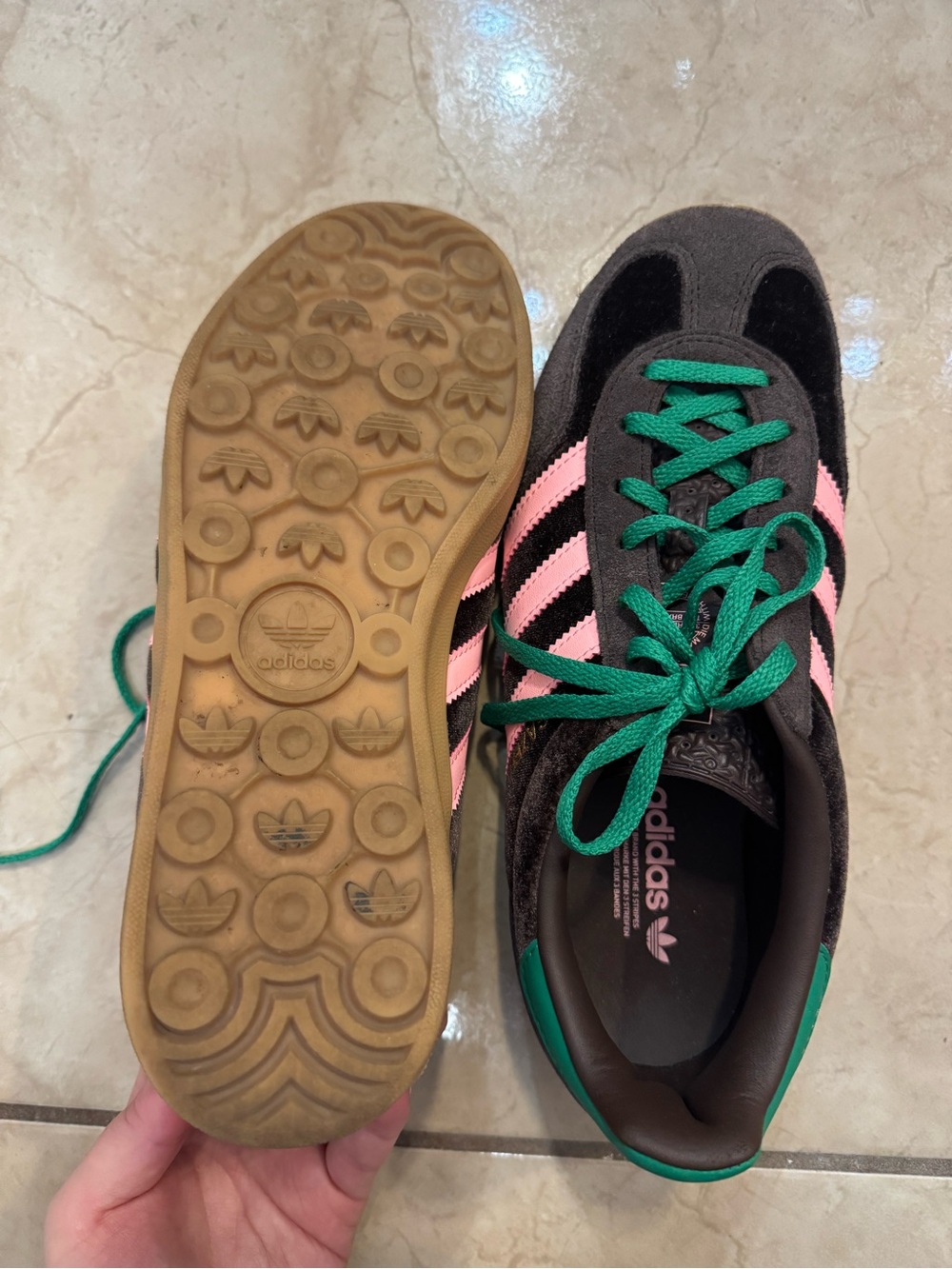 adidas Gazelle Women’s Brown Sneakers with Pink Stripes and Green Accents - Picture 5 of 8